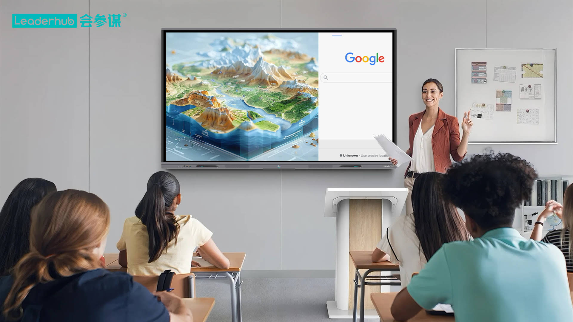 Business team collaborating around a large interactive smart whiteboard