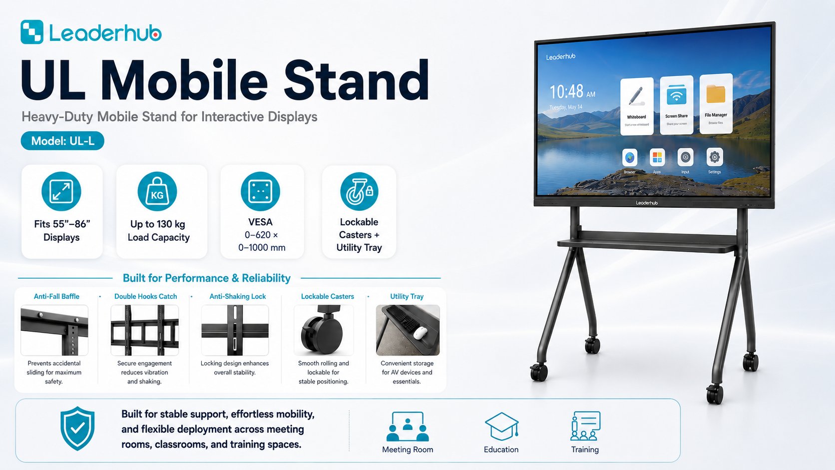 LeaderHub UL Mobile Stand — Heavy-Duty Trolley for 55&Prime;&ndash;86&Prime; Displays
