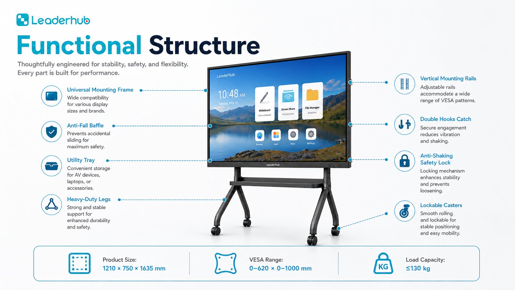 LeaderHub UL Mobile Stand — Heavy-Duty Trolley for 55&Prime;&ndash;86&Prime; Displays