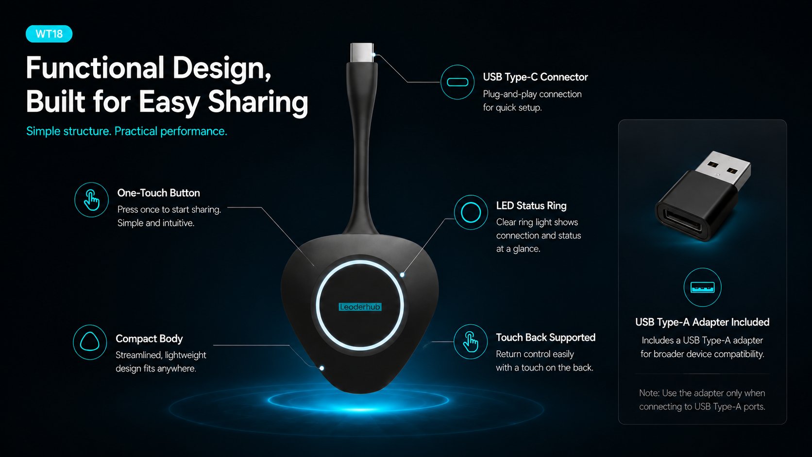 LeaderHub WT18 Wireless Screen Sharing Dongle — 4K One-Press Presentation